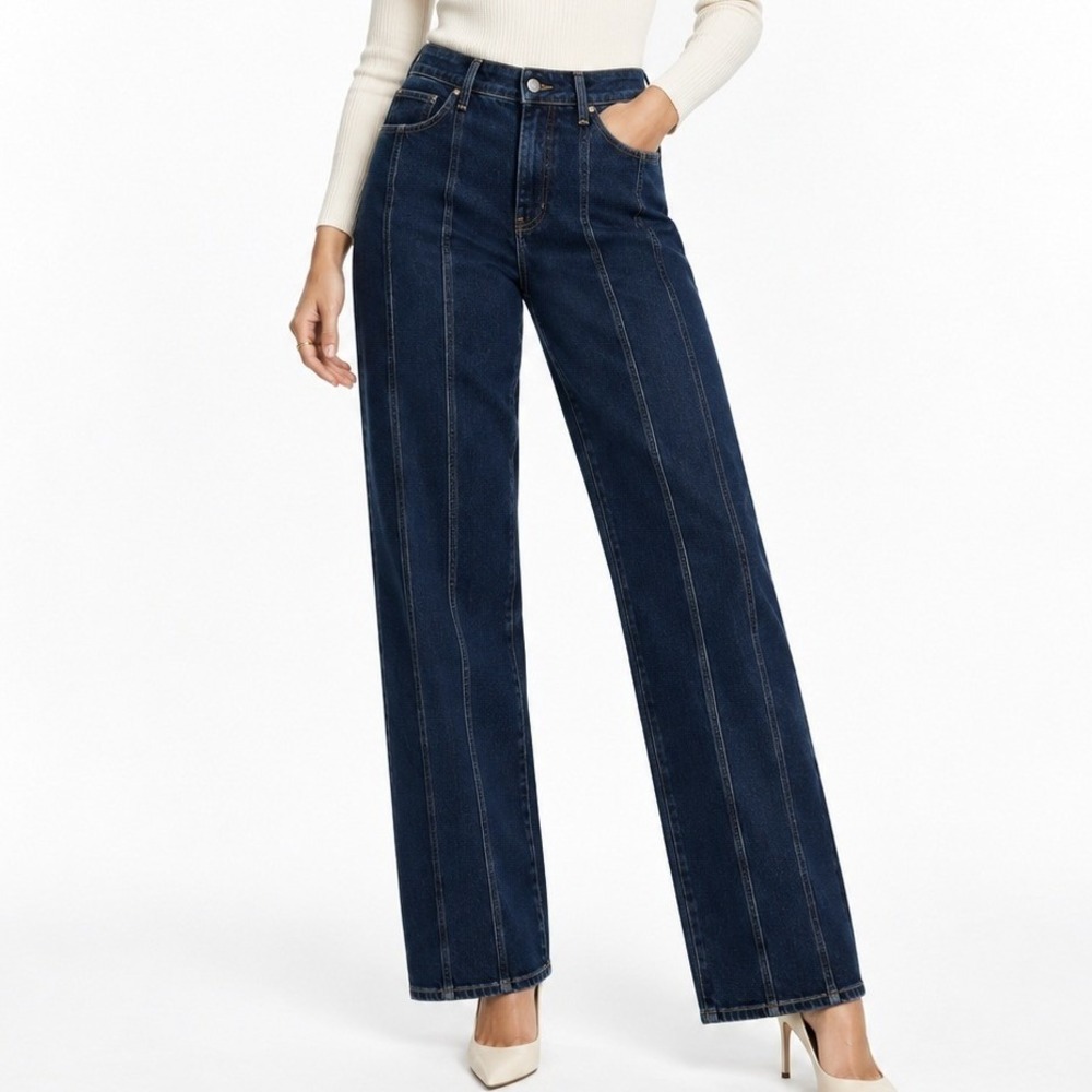 Express Relaxed Straight Low Rise Jeans Dark Wash Front Seam Detail Blue 31x31